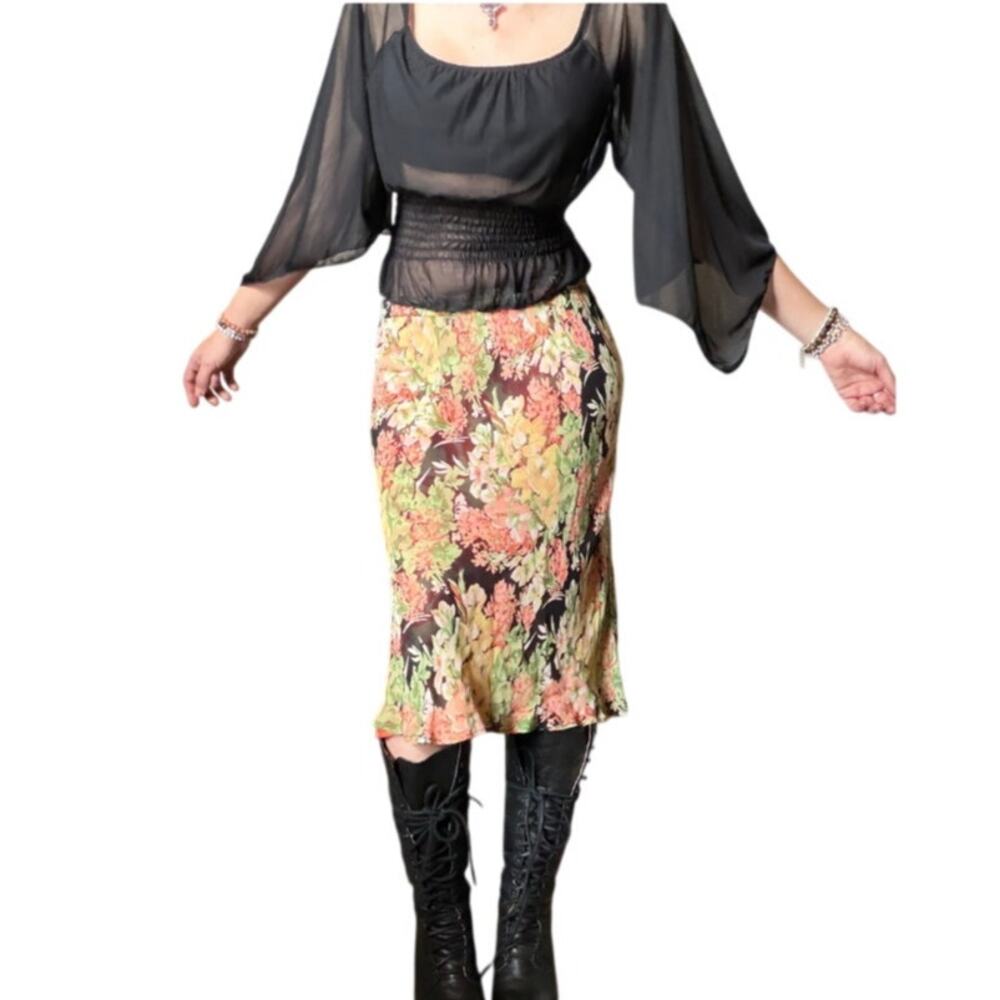 Whimsigoth Floral Midi Skirt | Reversible Rayon Bias Cut